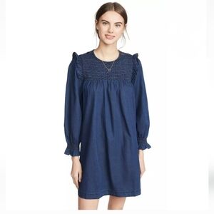Madewell Indigo Ruffle-Neck Smocked Babydoll Dress Size Small